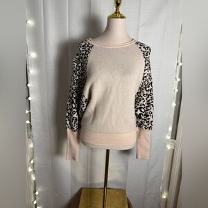 BaeVely Cream and Black Crew Neck Sweater with Leopard Print Sleeves